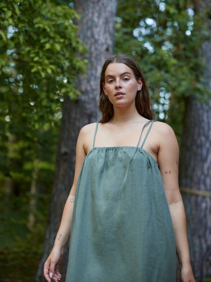 Image 4 of MINT Linen Tie Shoulder Dress in Sage Green from ALBERALKIRK