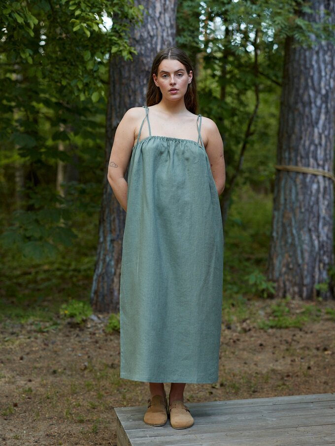 Image 5 of MINT Linen Tie Shoulder Dress in Sage Green from ALBERALKIRK