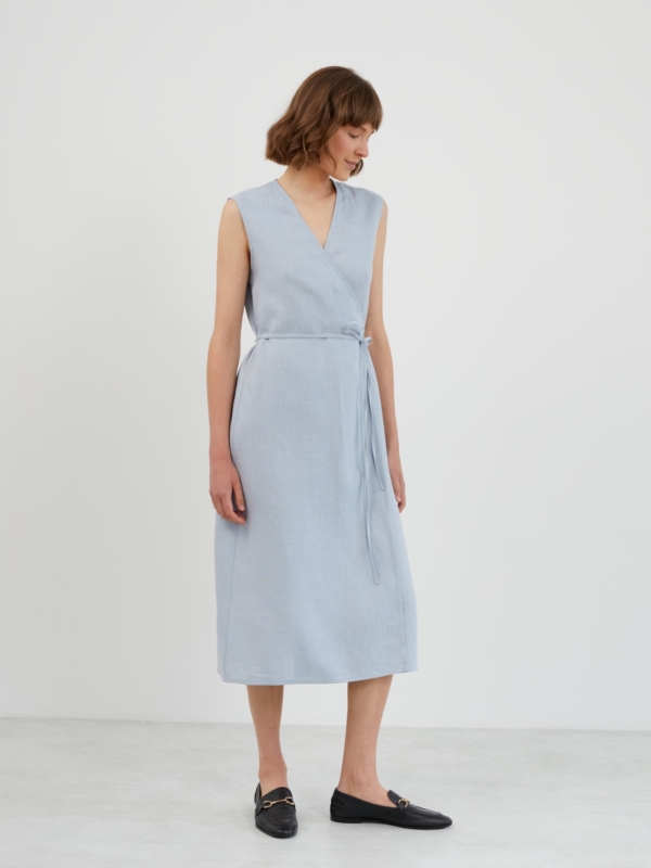 Image 1 of PIA Linen Midi Wrap Dress in Bluestone from ALBERALKIRK