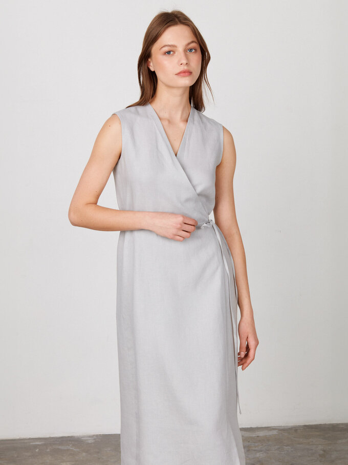 Image 1 of PIA Sleeveless Linen Wrap Dress in Cloudy Grey from ALBERALKIRK