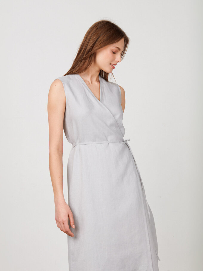 Image 4 of PIA Sleeveless Linen Wrap Dress in Cloudy Grey from ALBERALKIRK