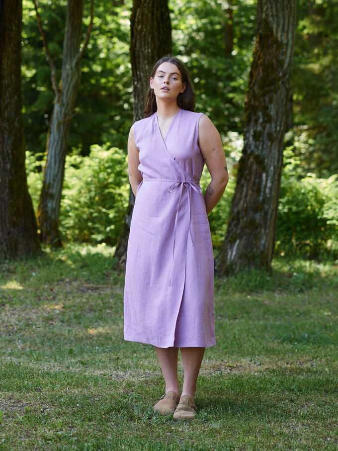 Image 2 of PIA Tie Waist Linen Midi Dress in Radiant Orchid from ALBERALKIRK