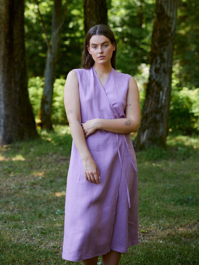 Image 3 of PIA Tie Waist Linen Midi Dress in Radiant Orchid from ALBERALKIRK