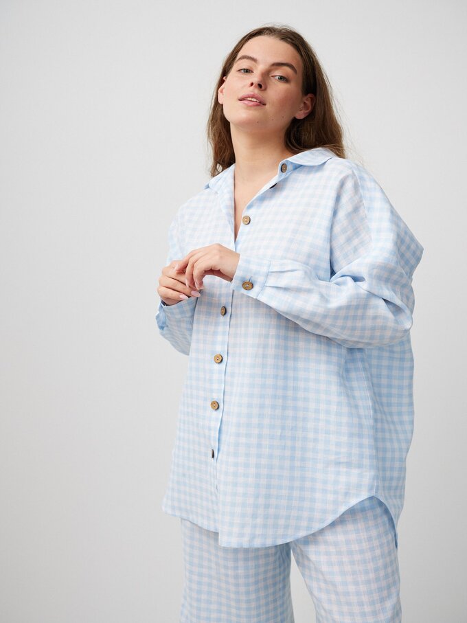 Image 1 of PINE Oversized Linen Shirt in Gingham Light Blue from ALBERALKIRK