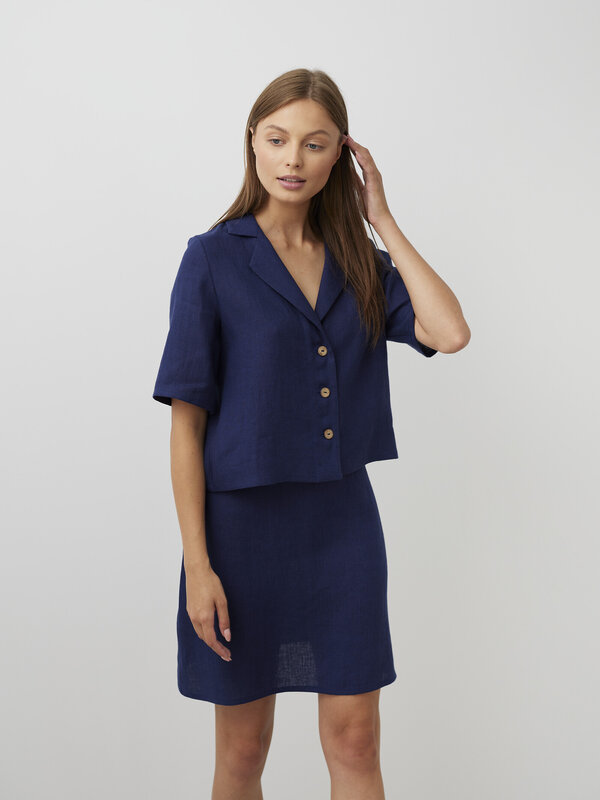 Image 1 of RAY Cropped Linen Shirt in Navy Blue from Love and Confuse