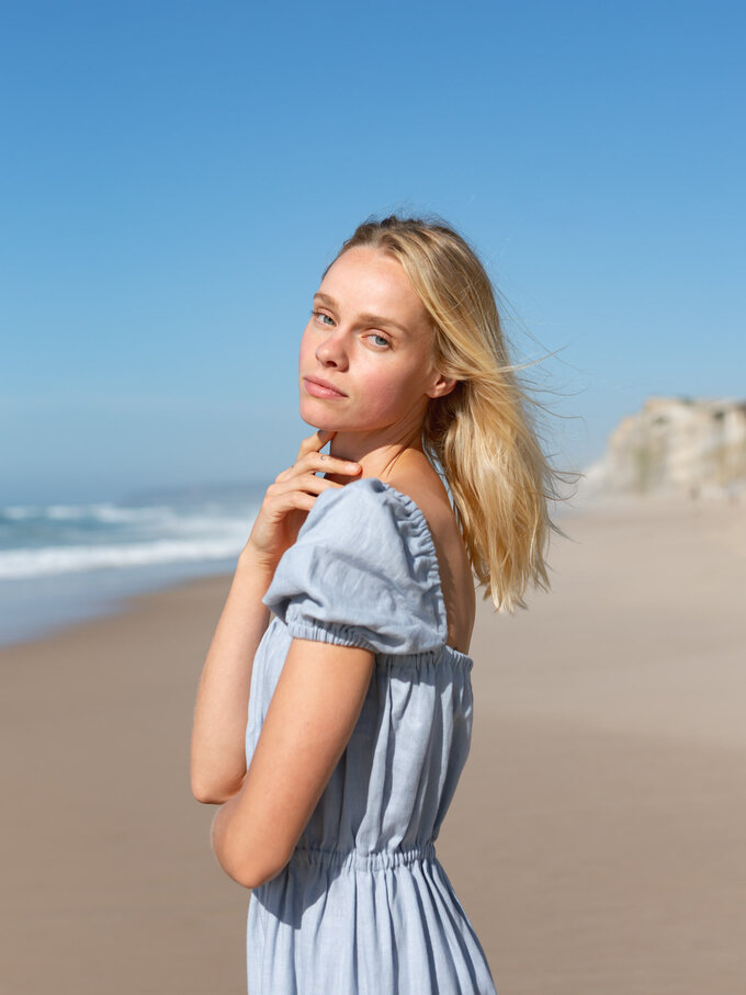 Image 1 of RUTH Puff Sleeve Linen Midi Dress in Bluestone from ALBERALKIRK