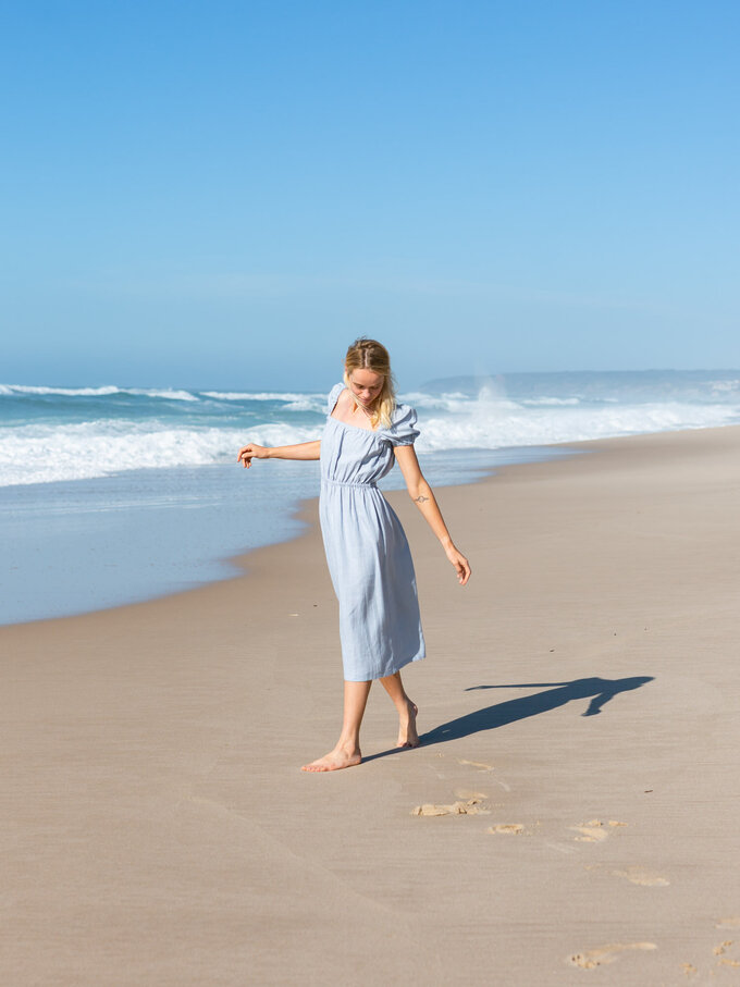 Image 2 of RUTH Puff Sleeve Linen Midi Dress in Bluestone from ALBERALKIRK