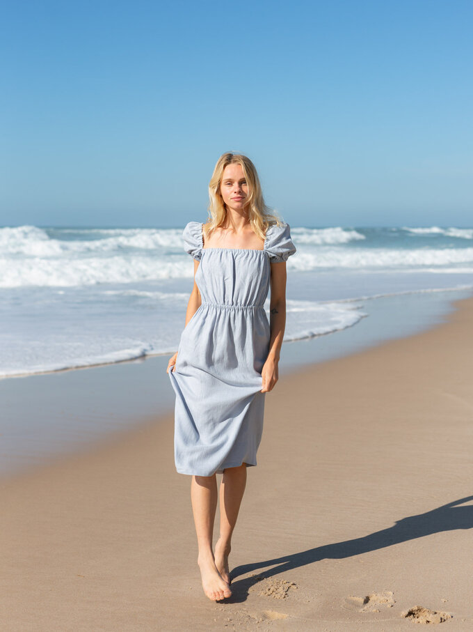 Image 3 of RUTH Puff Sleeve Linen Midi Dress in Bluestone from ALBERALKIRK