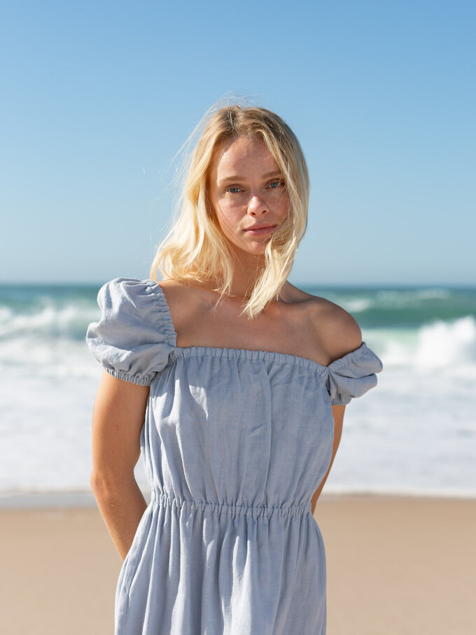 Image 4 of RUTH Puff Sleeve Linen Midi Dress in Bluestone from ALBERALKIRK