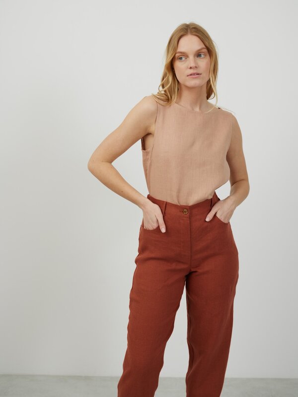 Image 1 of SARAH High-Waisted Tapered Leg Linen Pants in Rust from ALBERALKIRK