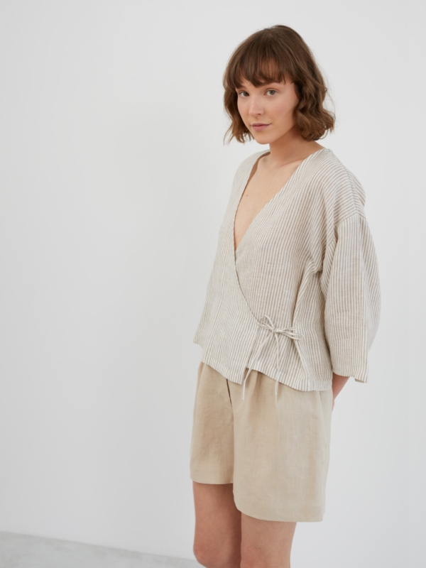 Image 1 of SOFIA Linen Kimono Wrap Top in Beige White Stripes from ALBERALKIRK
