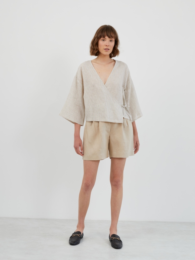 Image 2 of SOFIA Linen Kimono Wrap Top in Beige White Stripes from ALBERALKIRK