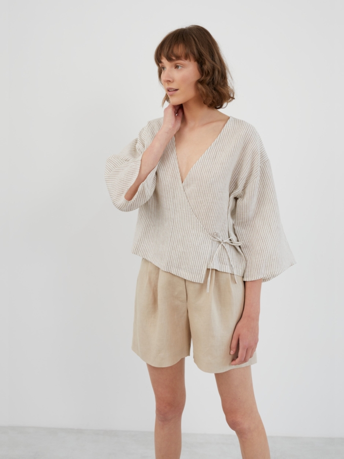 Image 4 of SOFIA Linen Kimono Wrap Top in Beige White Stripes from ALBERALKIRK