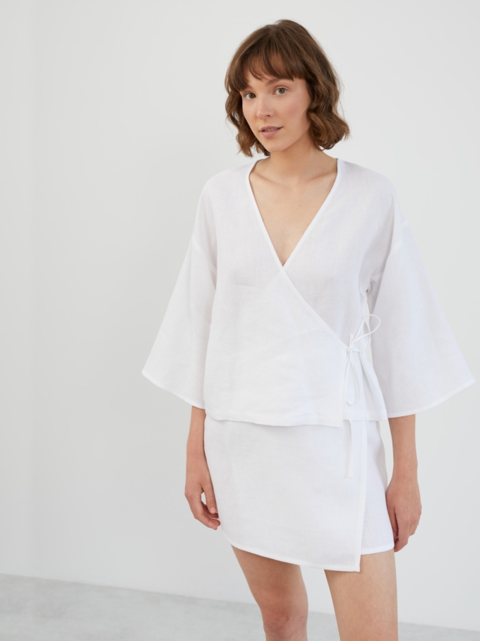Image 2 of SOFIA Linen Kimono Wrap Top in White from ALBERALKIRK