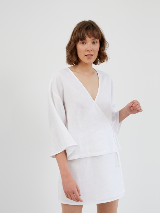 Image 4 of SOFIA Linen Kimono Wrap Top in White from ALBERALKIRK