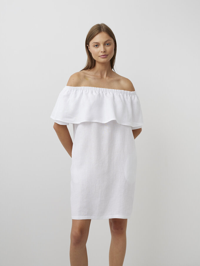 Image 1 of THALIA Off Shoulder Linen Dress in White from ALBERALKIRK