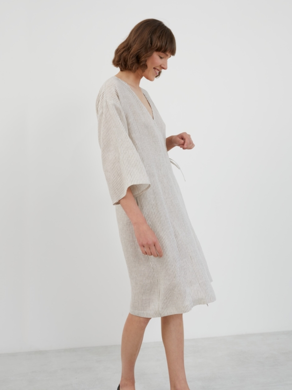 Image 1 of VERONA Linen Wrap Dress in Beige White Stripes from ALBERALKIRK