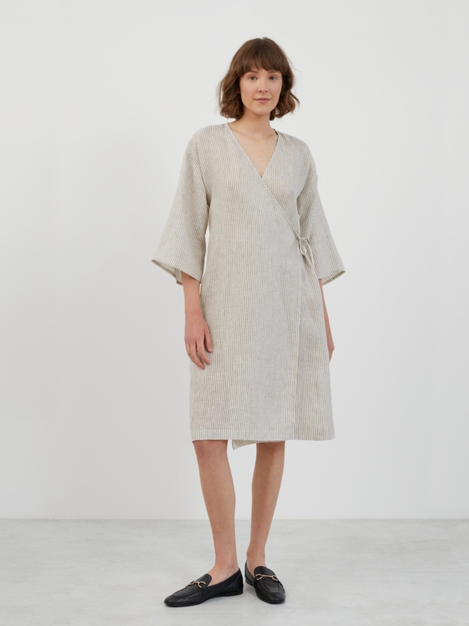Image 2 of VERONA Linen Wrap Dress in Beige White Stripes from ALBERALKIRK