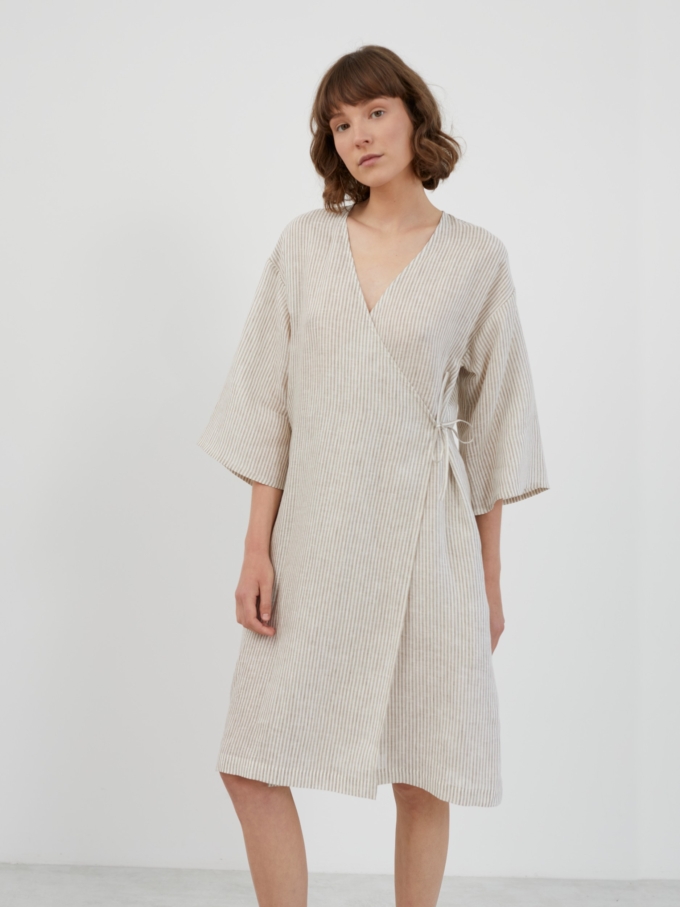 Image 3 of VERONA Linen Wrap Dress in Beige White Stripes from ALBERALKIRK