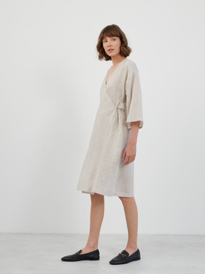 Image 4 of VERONA Linen Wrap Dress in Beige White Stripes from ALBERALKIRK