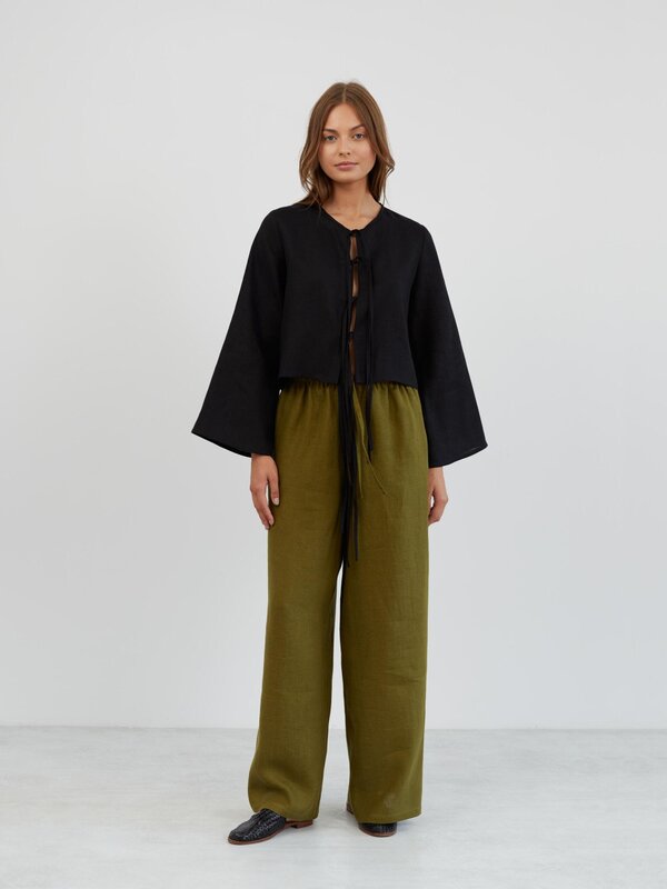 Image 1 of Linen Wide Leg Drawstring Pants in Moss Green LUCAS from ALBERALKIRK | Handmade Linen Clothing for Women