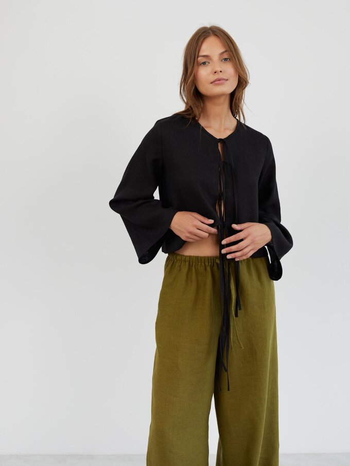 Image 2 of Linen Wide Leg Drawstring Pants in Moss Green LUCAS from ALBERALKIRK | Handmade Linen Clothing for Women