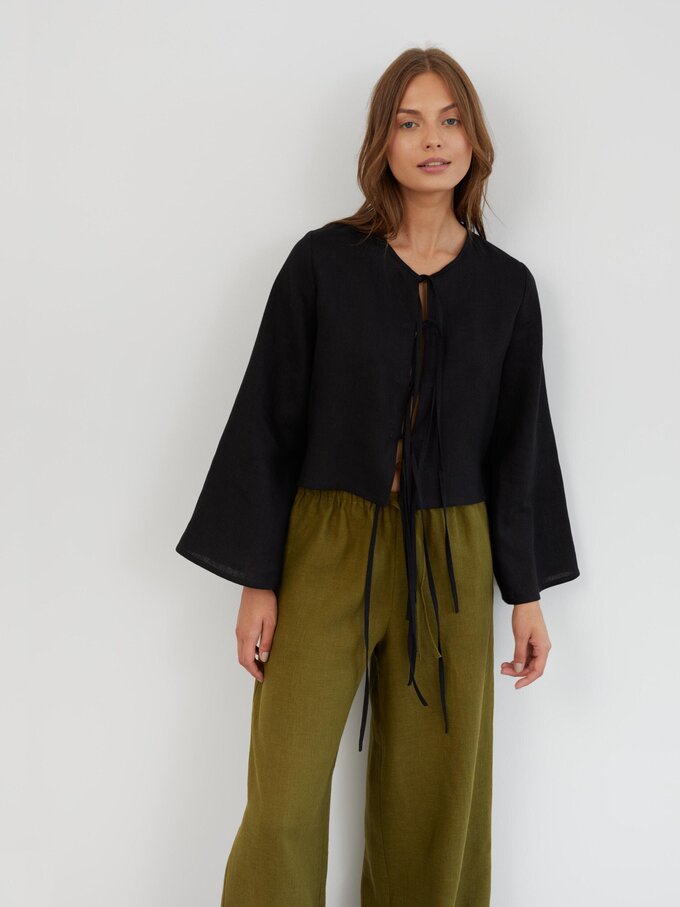 Image 3 of Linen Wide Leg Drawstring Pants in Moss Green LUCAS from ALBERALKIRK | Handmade Linen Clothing for Women