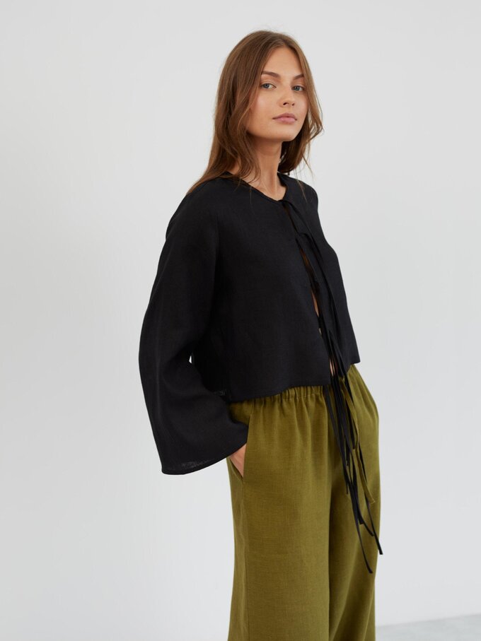 Image 4 of Linen Wide Leg Drawstring Pants in Moss Green LUCAS from ALBERALKIRK | Handmade Linen Clothing for Women