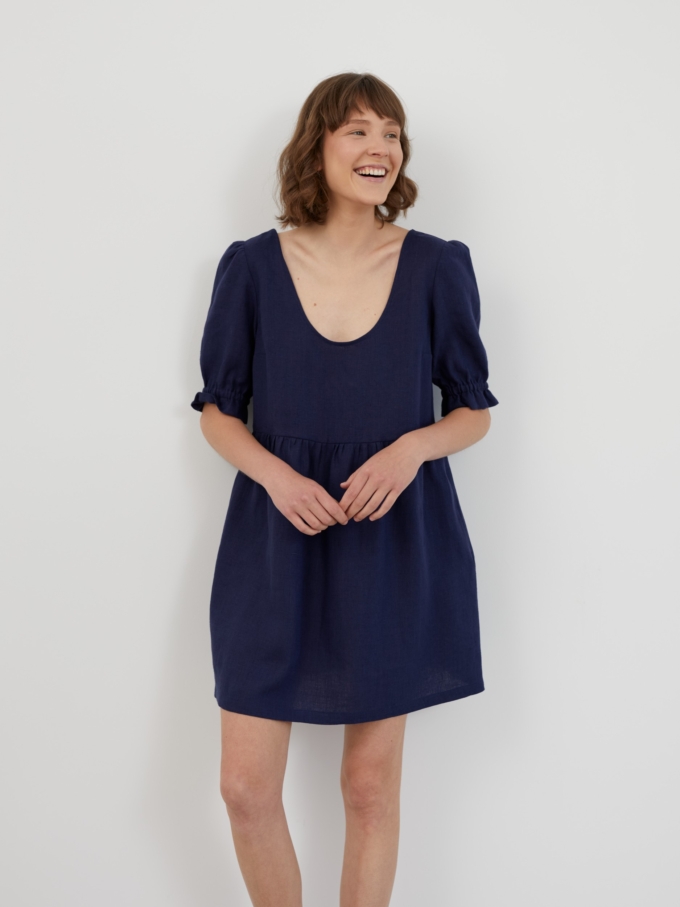 Image 2 of ZAHARA Babydoll Linen Mini Dress in Navy Blue from ALBERALKIRK